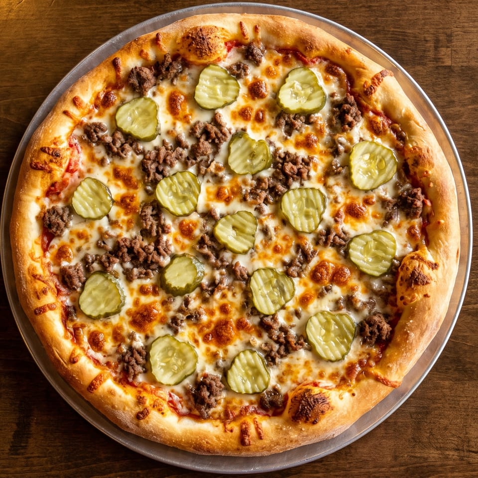 A whole cheeseburger pizza with ground beef and pickle slices on a wooden table.