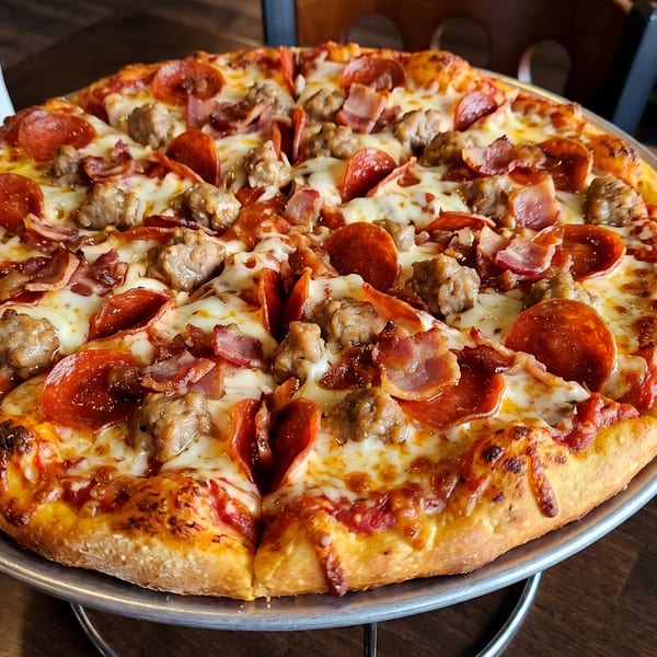 A whole meat lover's pizza with pepperoni, sausage, and bacon on a metal stand.