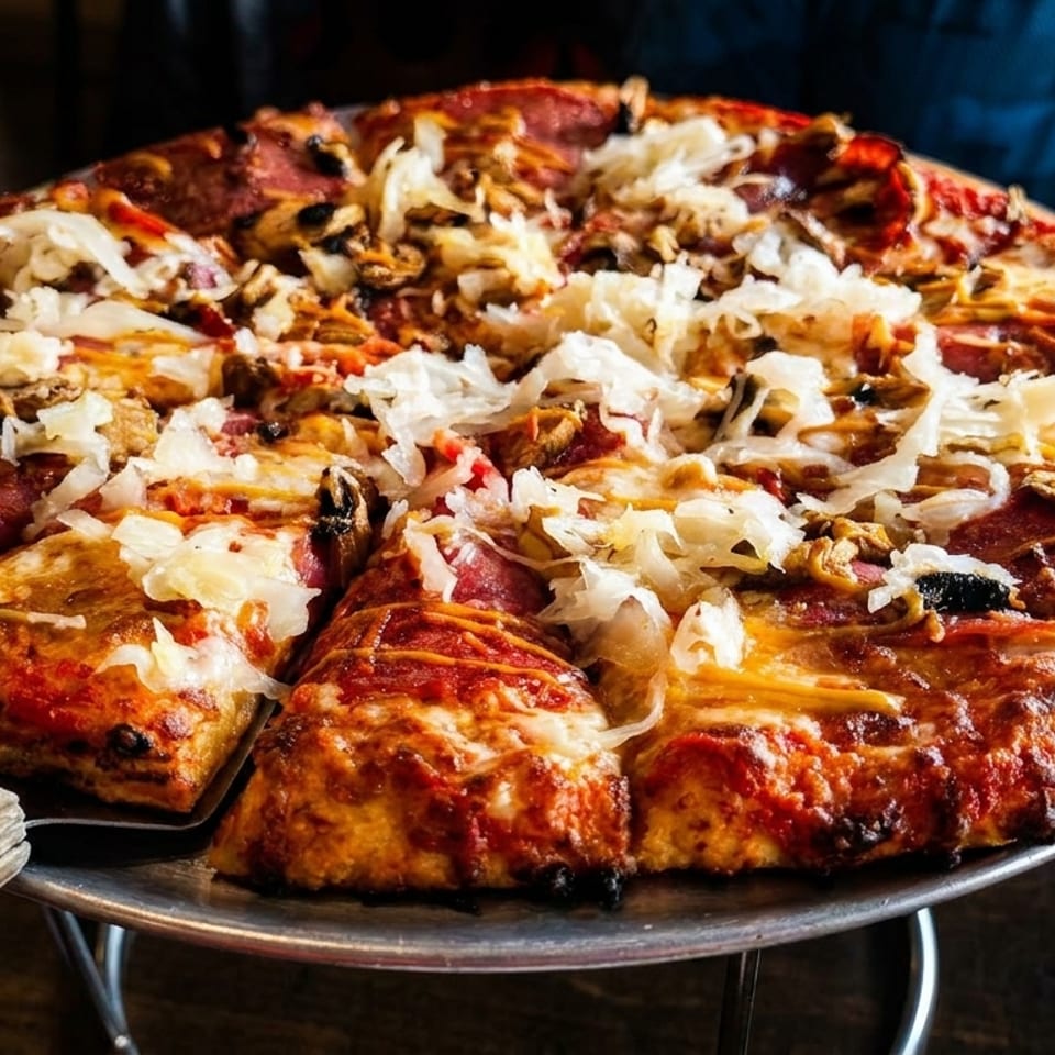 A large, deep-dish pizza with pepperoni, mushrooms, and sauerkraut on a metal stand.