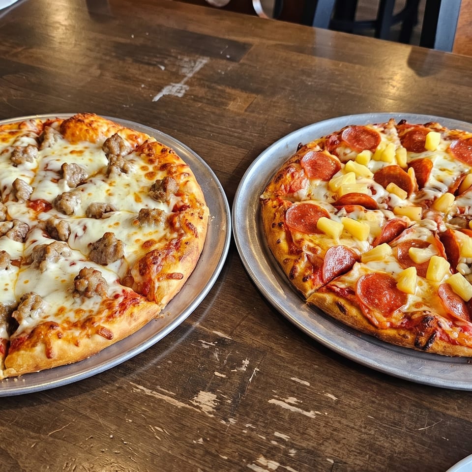 Two pizzas on metal trays, one with sausage and the other with pepperoni and pineapple, on a wooden table.